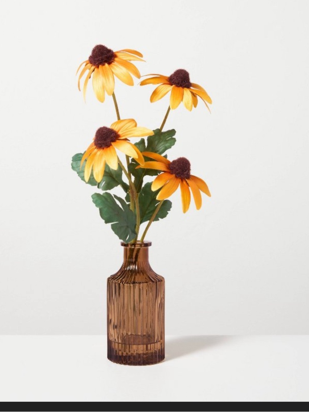 15" Yellow Cone Flower in Amber Vase Arrangement - Hearth & Hand™ with Magnolia